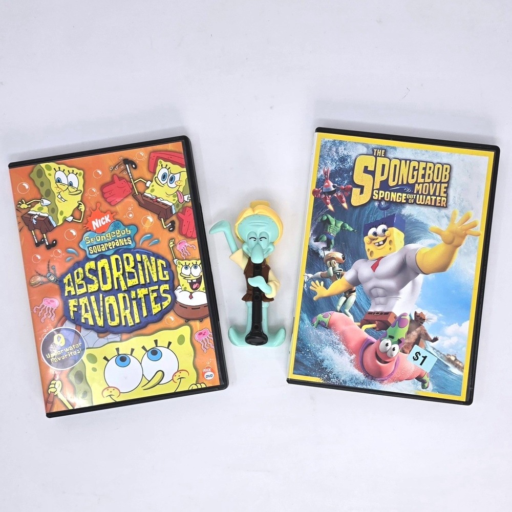 SpongeBob SquarePants 2 DVDs + Toy Lot Absorbing Favorites Squidward Whistle